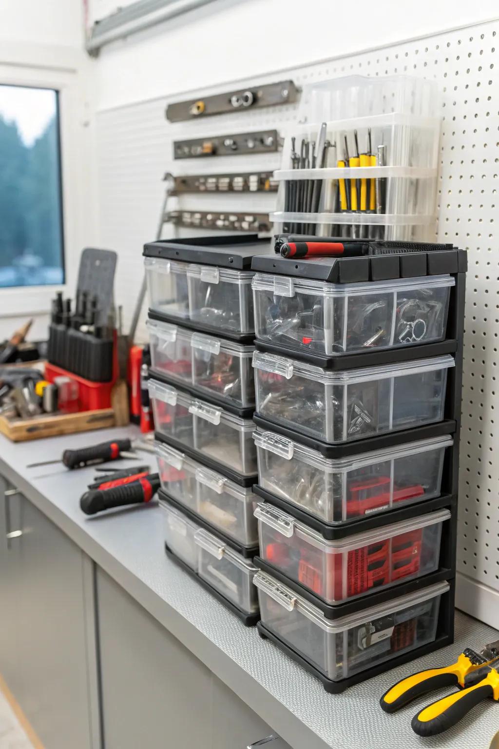 Clear containers neatly stacked in a tool crib.