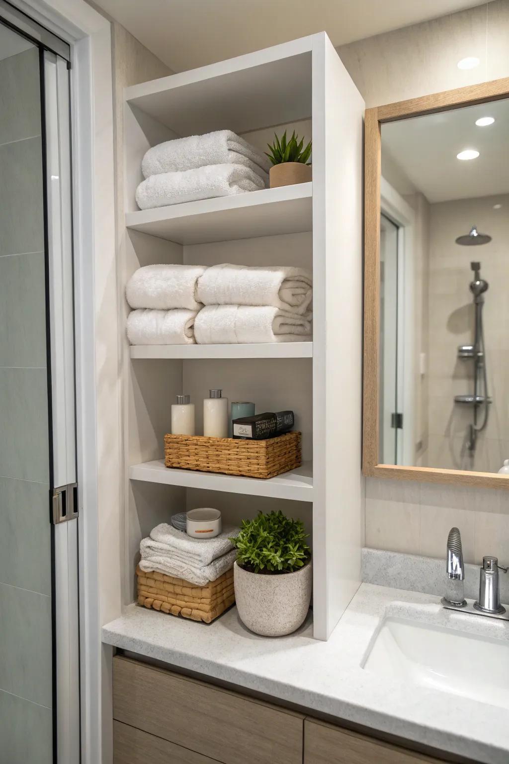 Recessed shelving maximizes space and keeps towels accessible.