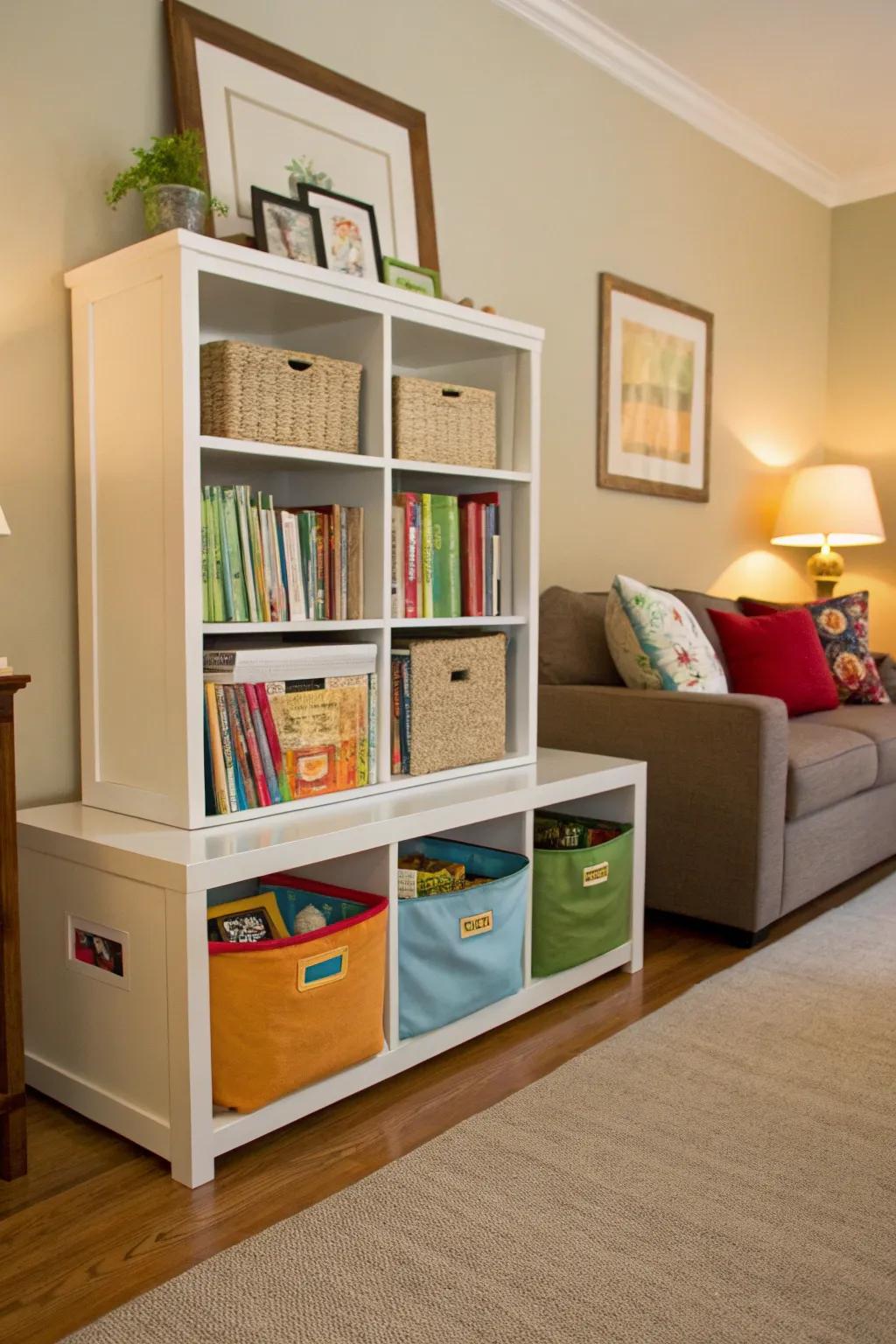 A bookshelf with fabric bins offers stylish toy storage.