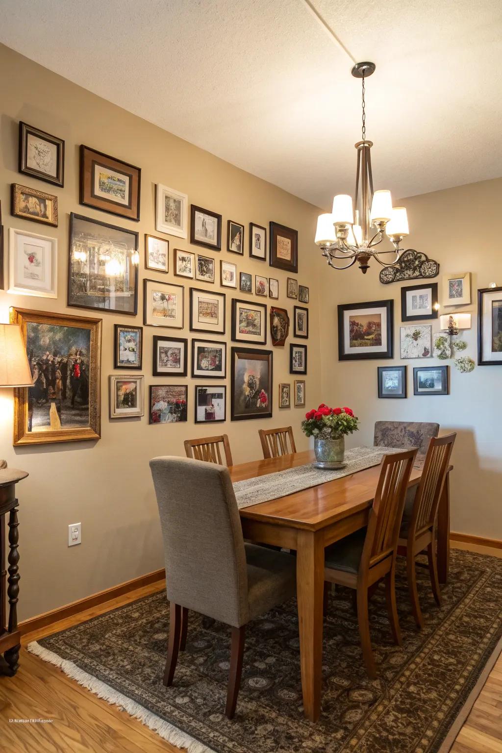 A gallery wall adds a personal and collected touch to the dining room.