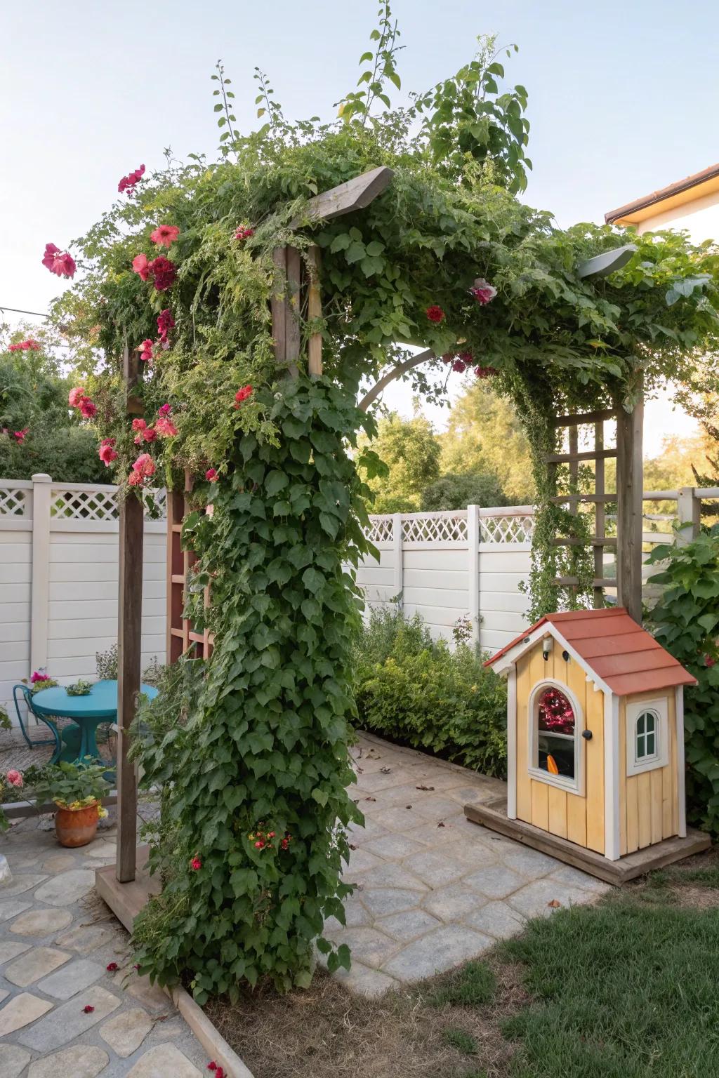 A trellis arbor makes for a whimsical play area.