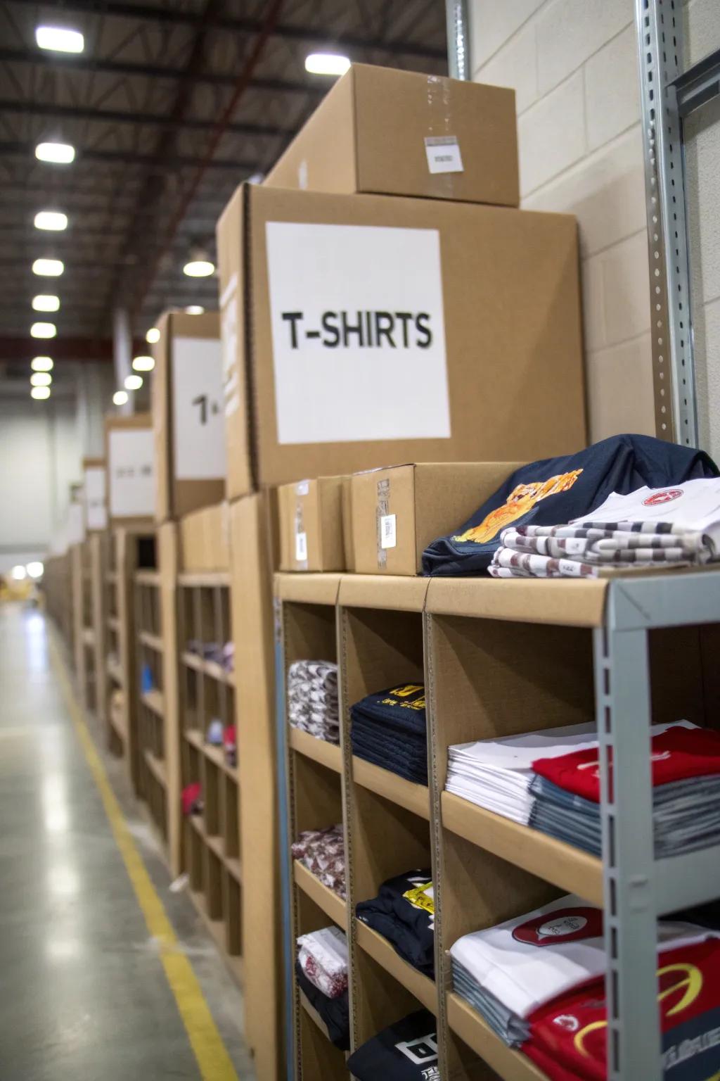 T-shirts stored in labeled boxes for easy identification.