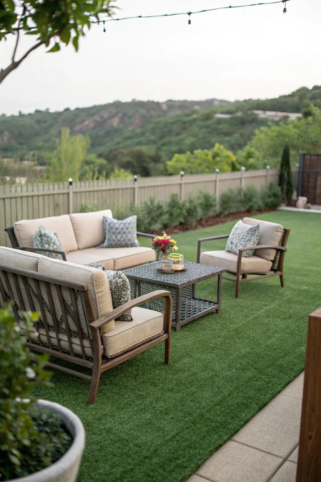 Relax in a turf-covered seating area.