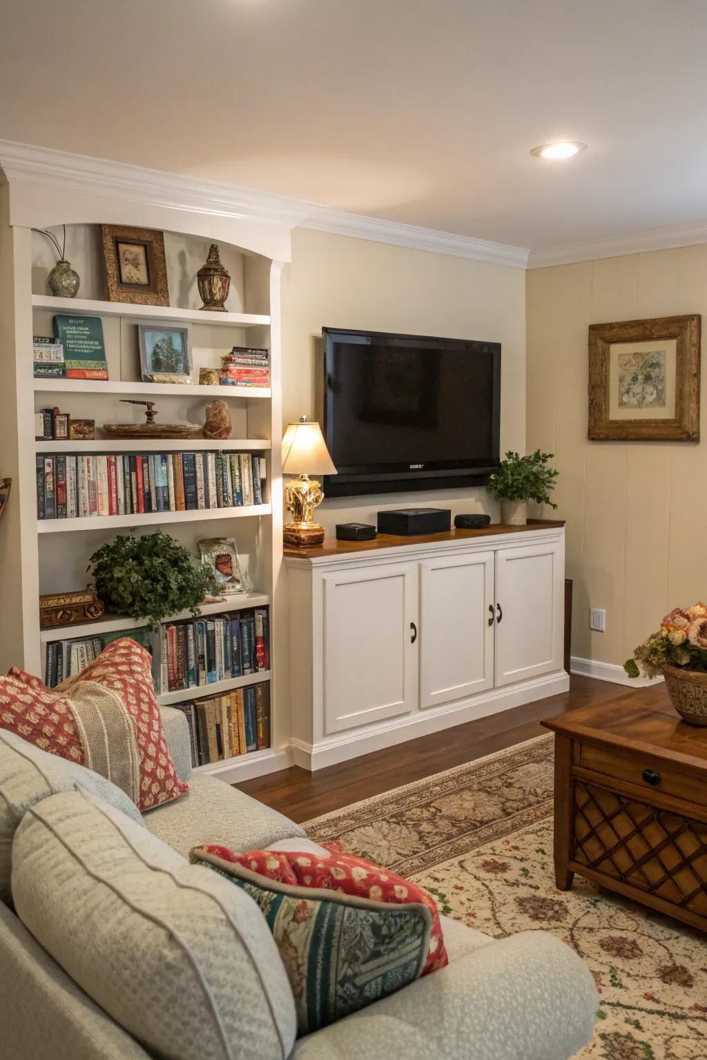 Layering with bookshelves adds depth to your TV setup.