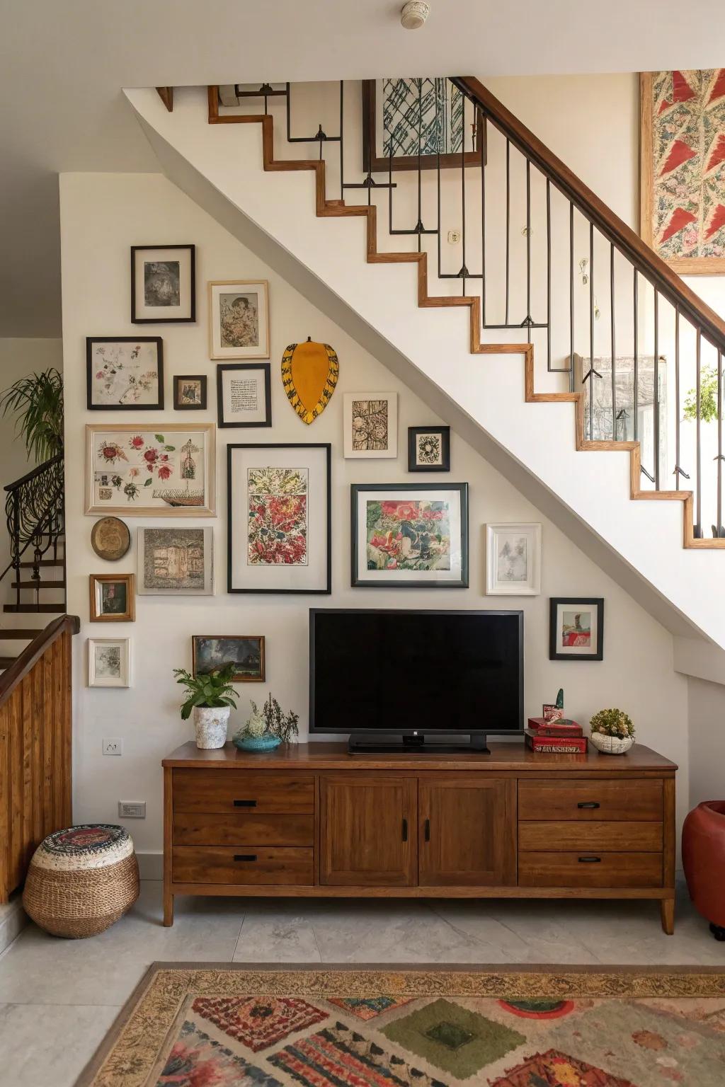 An artistic gallery wall with a TV unit under the stairs.