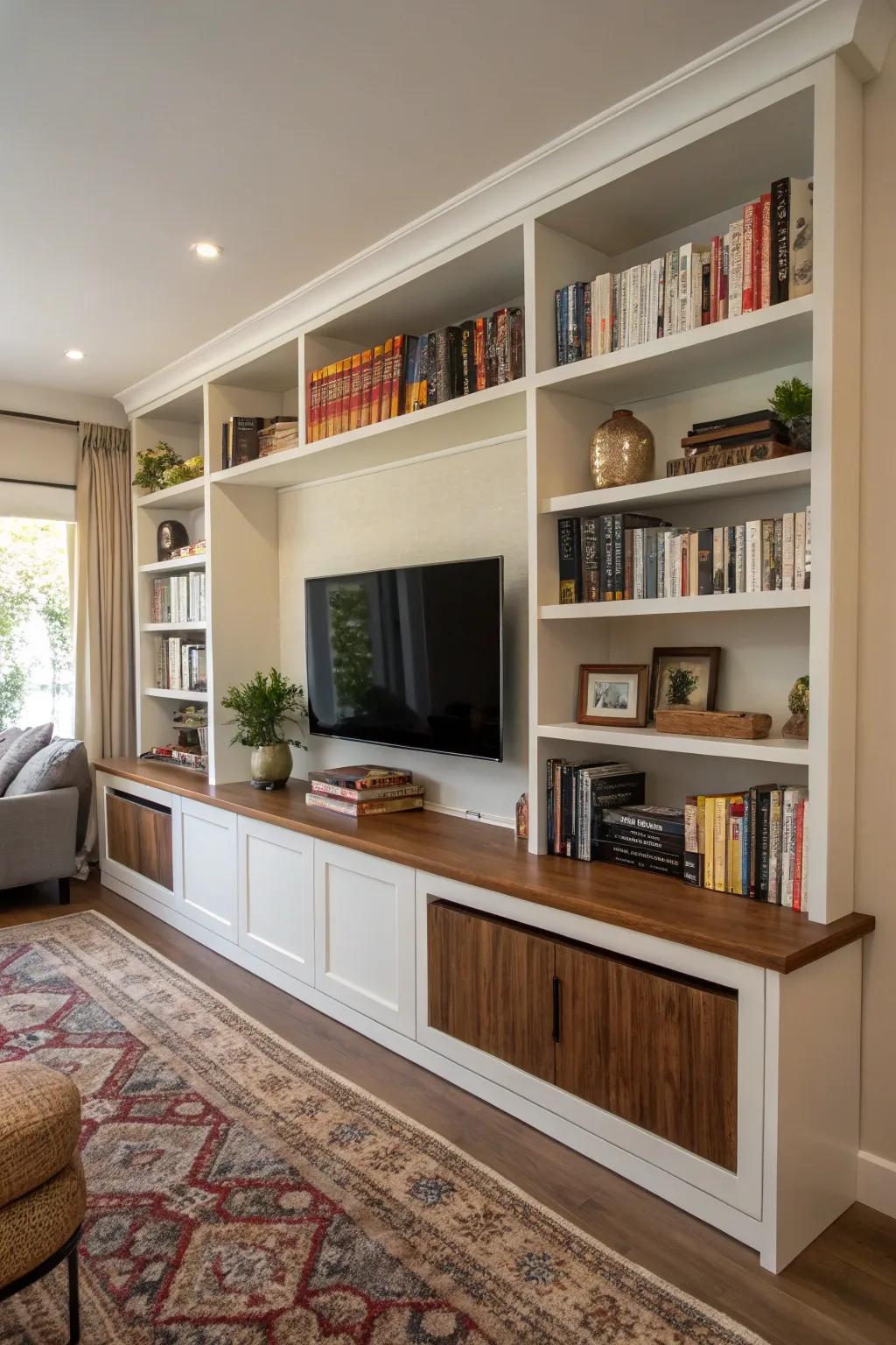 Open shelving adds style and function to your TV wall.