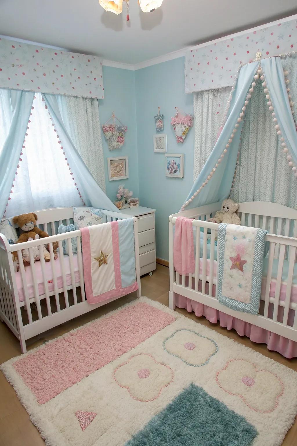 A cohesive theme brings harmony to a twin nursery.