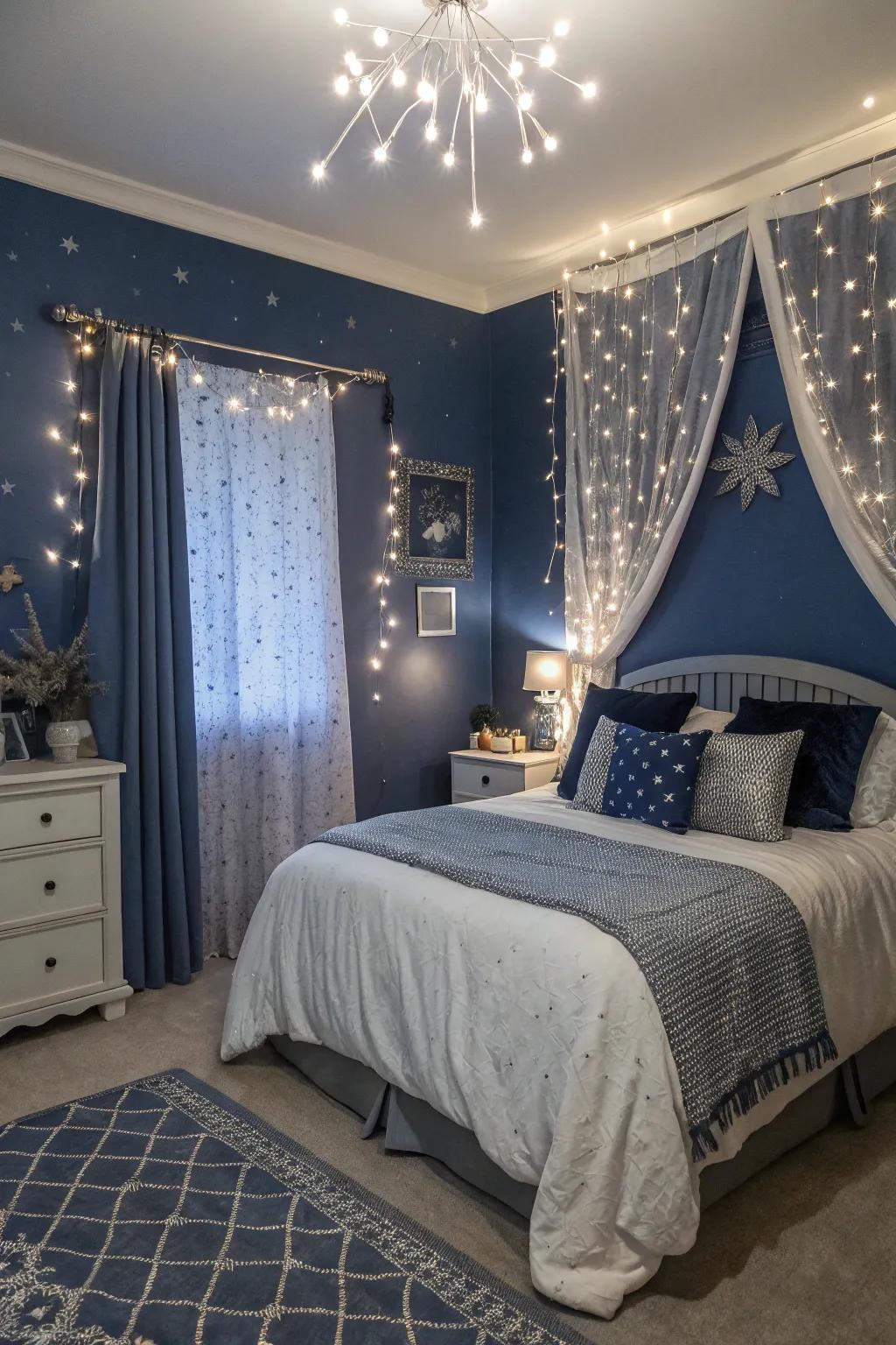 An enchanting two-tone bedroom in midnight blue and silver.