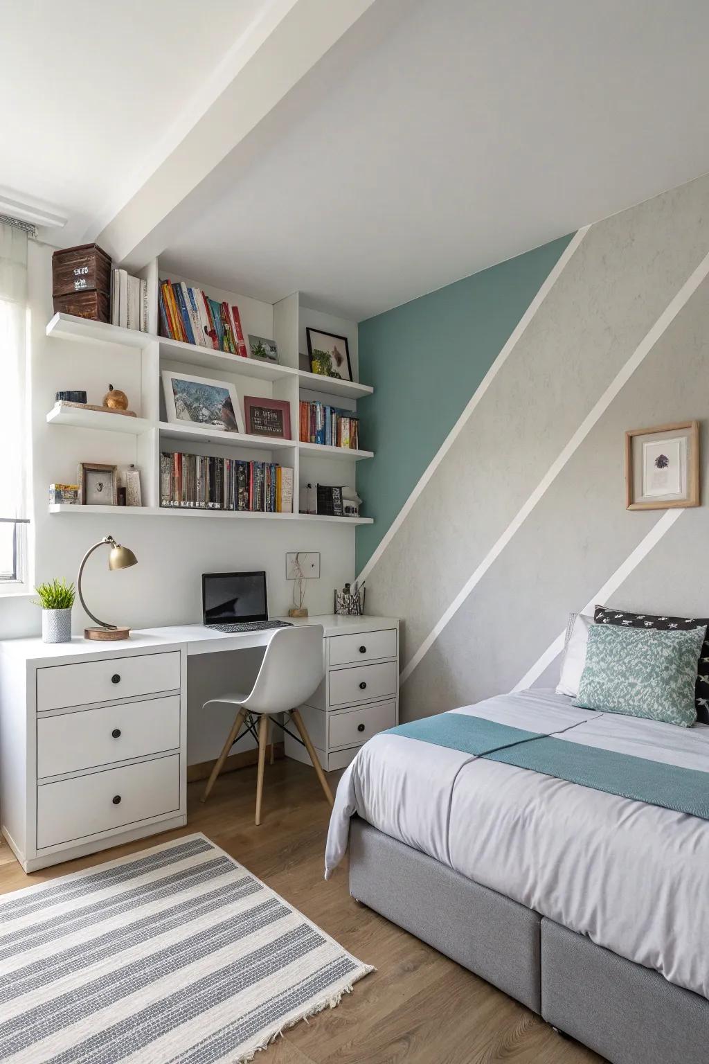 A modern bedroom with a playful diagonal two-tone wall.