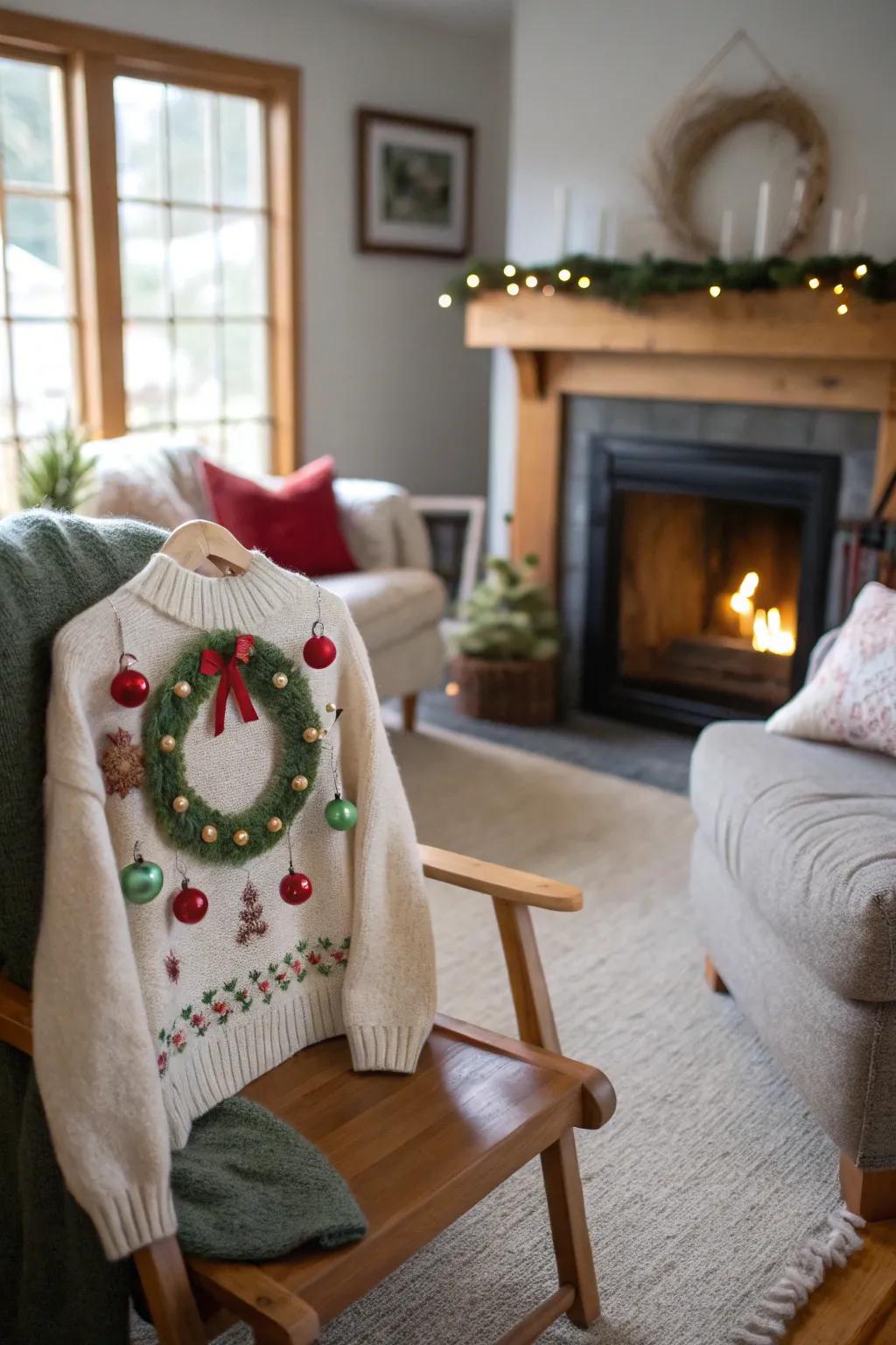 Be the center of attention with a crafty holiday wreath sweater.