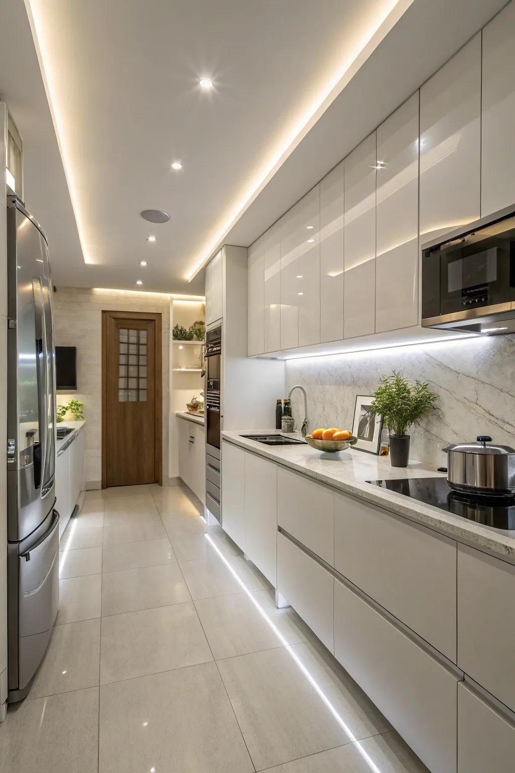 Cool white lights enhance visibility in modern kitchens.