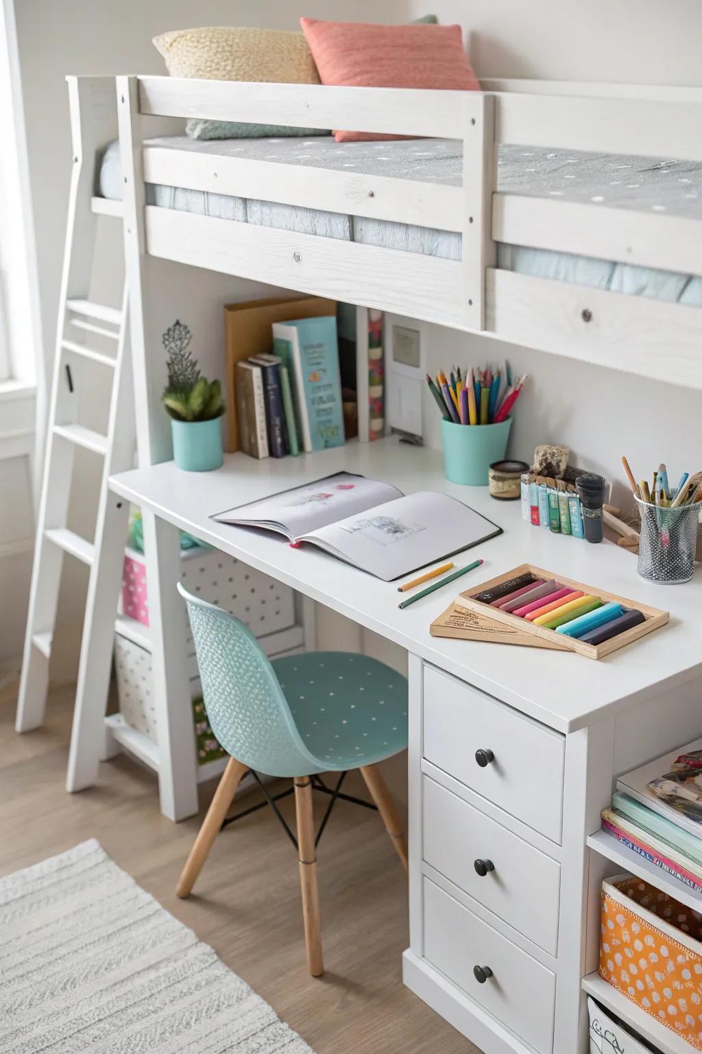 A focused homework hub under a loft bed.