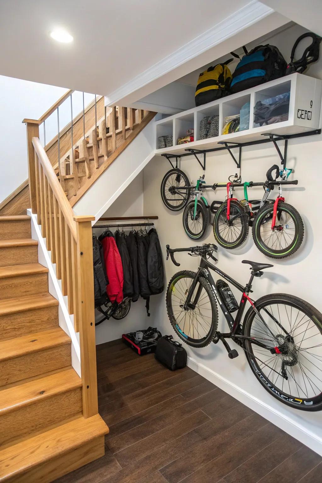 An efficient bike storage solution that fits perfectly under the stairs.