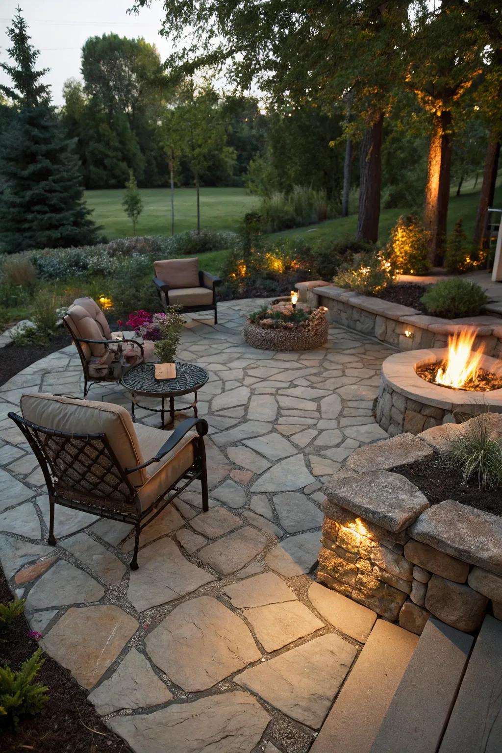 A fire pit with seating levels out part of the patio and creates a cozy gathering space.