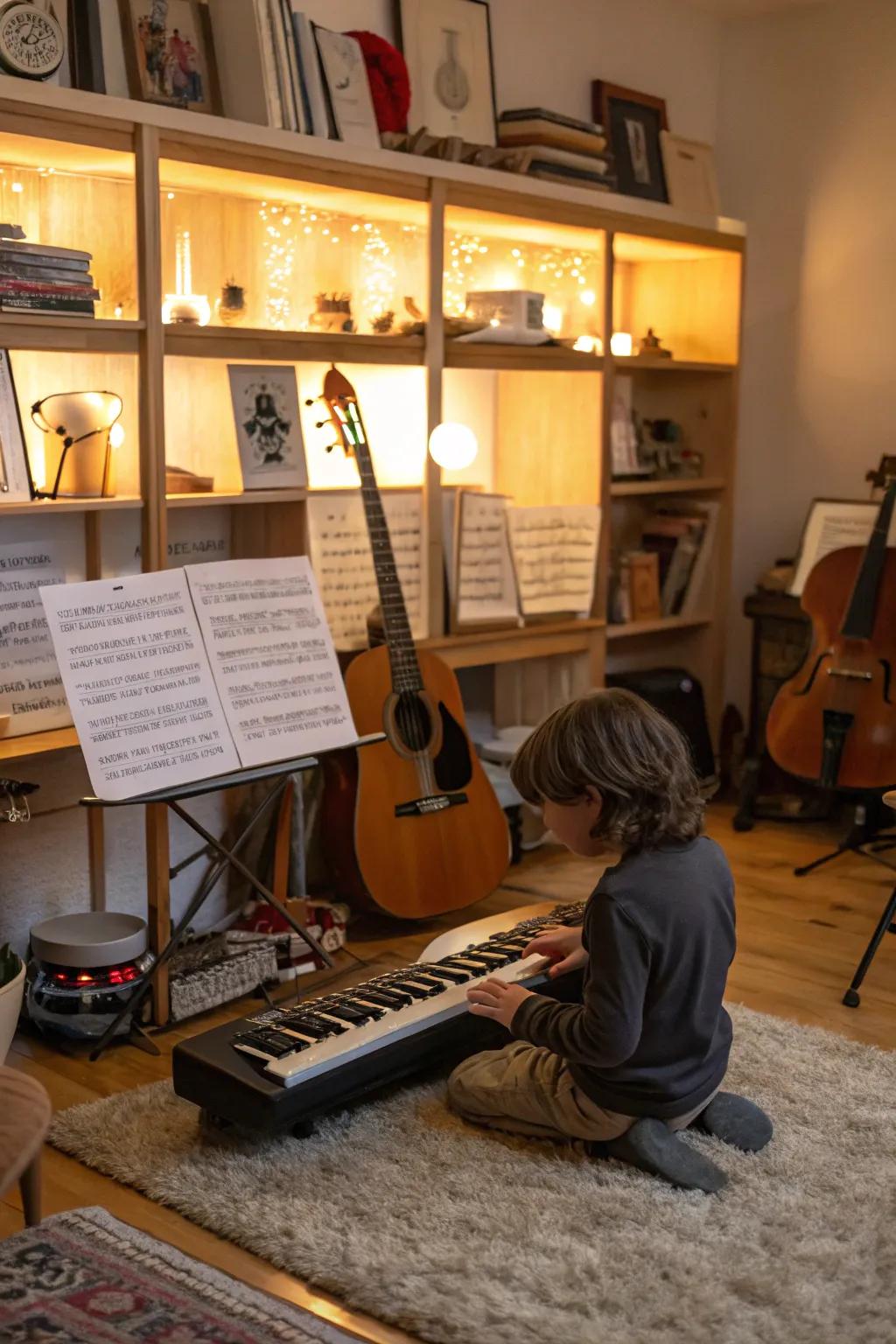 A musical instrument kit encourages a lifelong love of music.