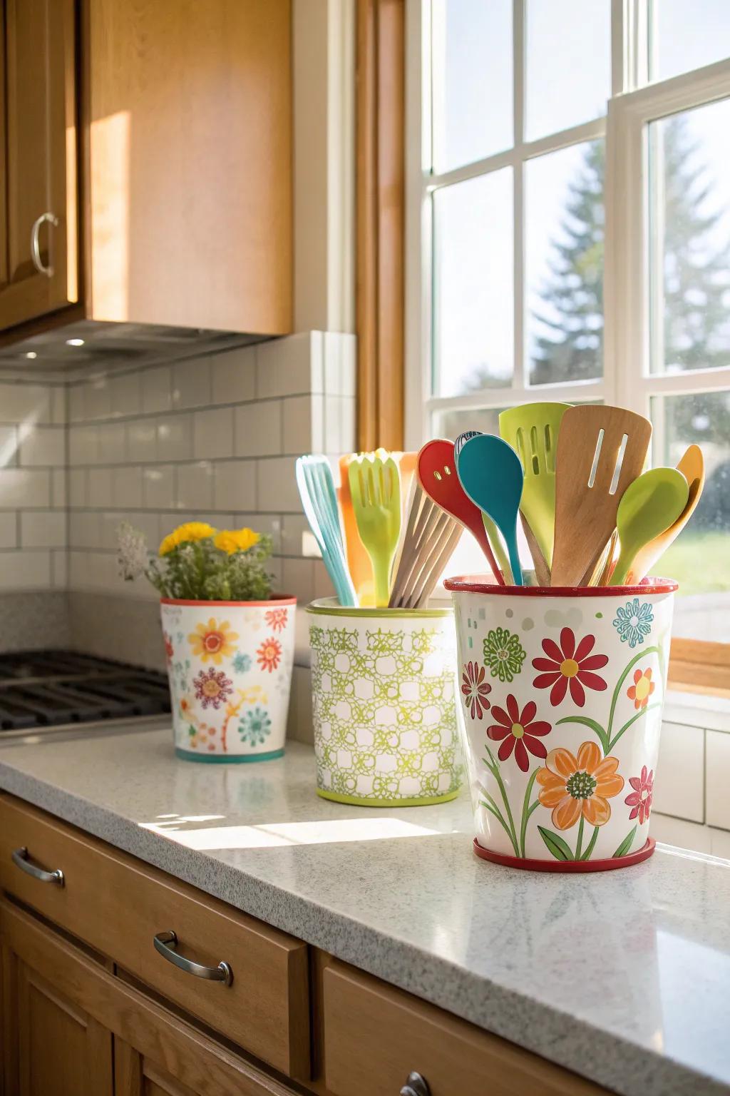 Flower pots add a touch of nature to utensil storage.