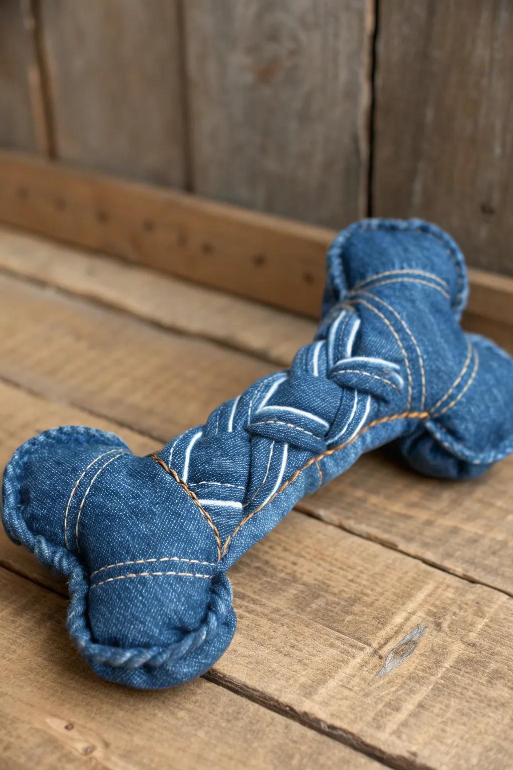 Crafted with care: A durable denim dog toy that merges style and sustainability.