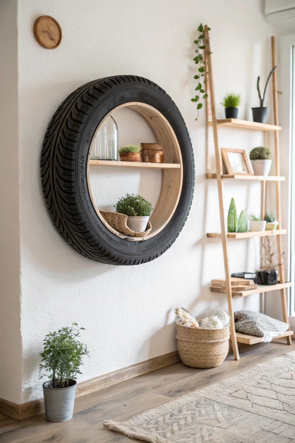 Transforming tires into treasures—discover the art of upcycling with this chic circular shelf.