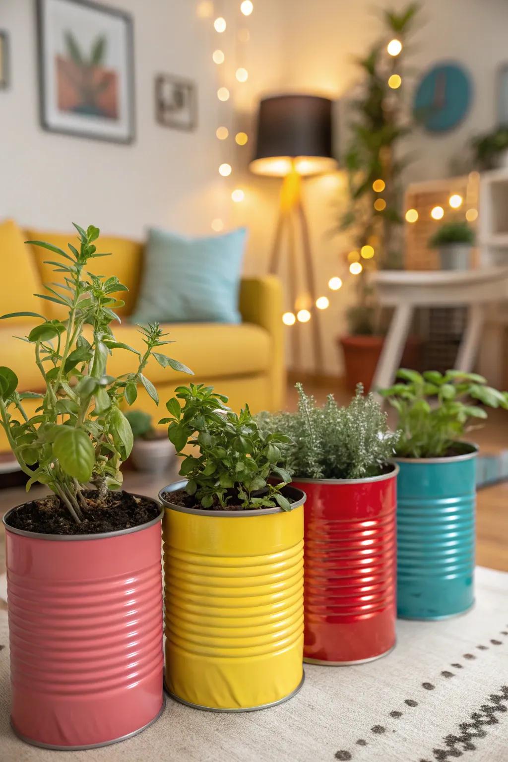 Bright tin cans bring life as charming planters.