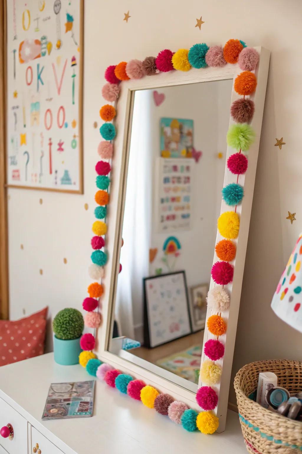 Pom-poms add a playful, colorful touch to any mirror.