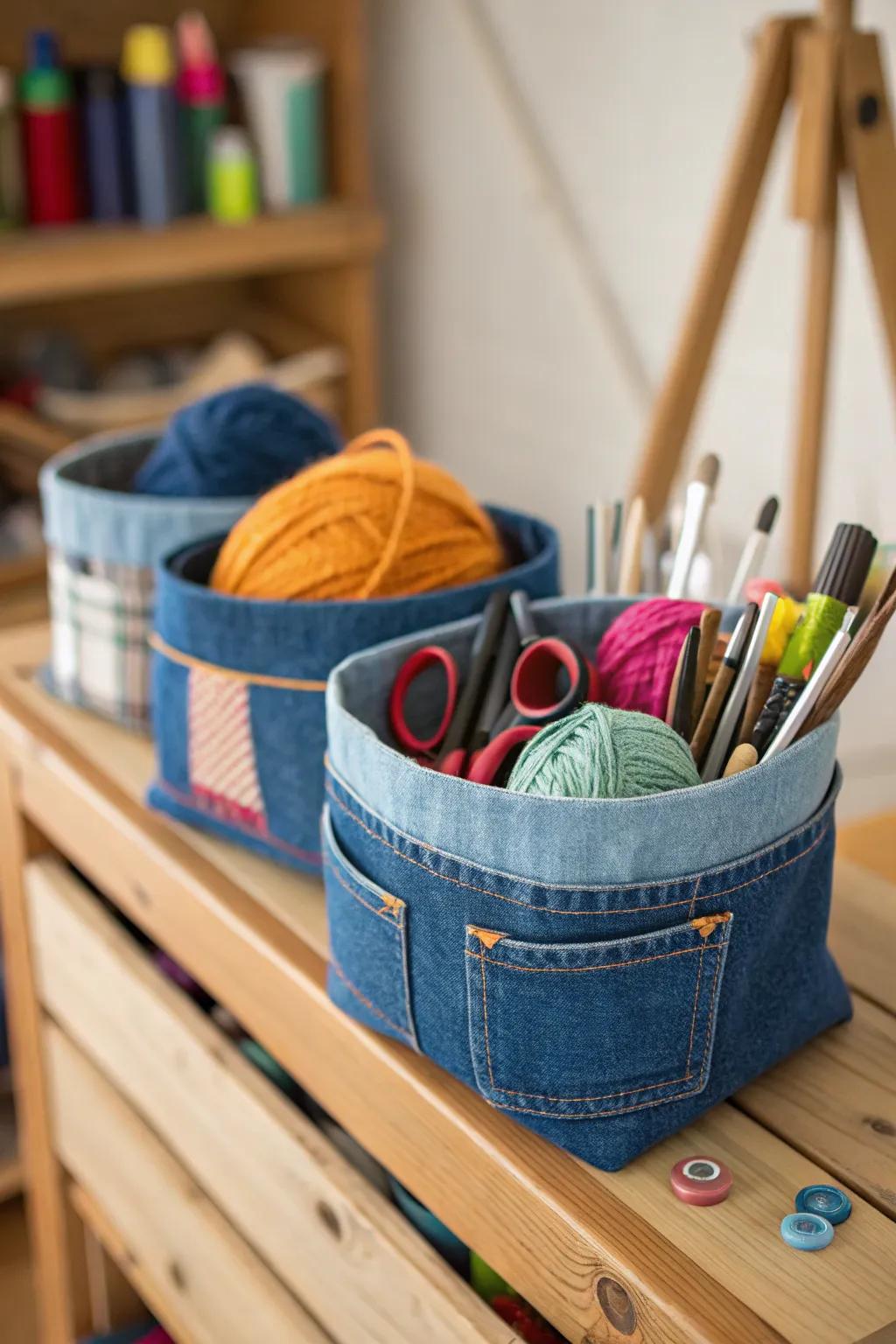 Organize your space with durable denim baskets.