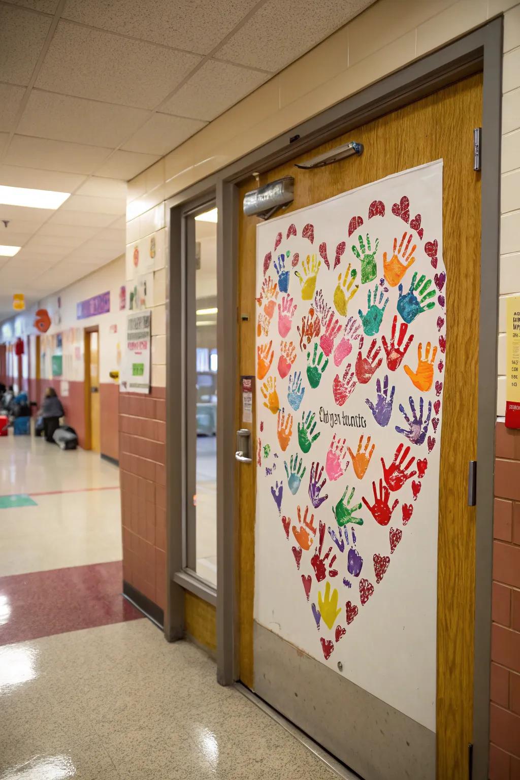 A collaborative masterpiece of love created with student handprints.