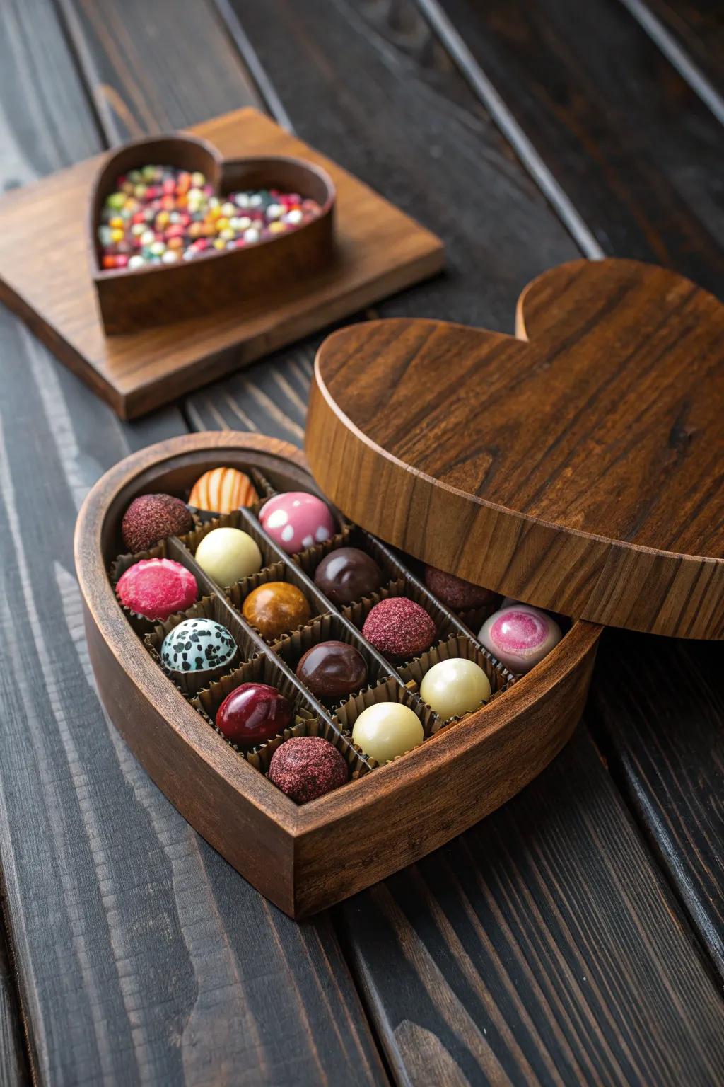 Wood veneer heart box for an elegant chocolate presentation.