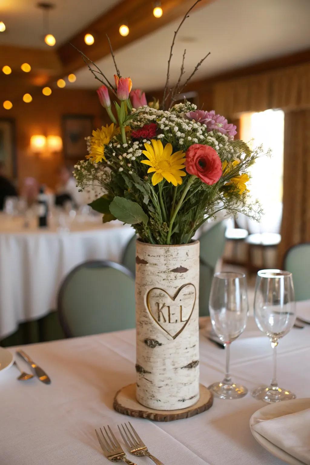 A personalized birch-bark vase adds a romantic touch.