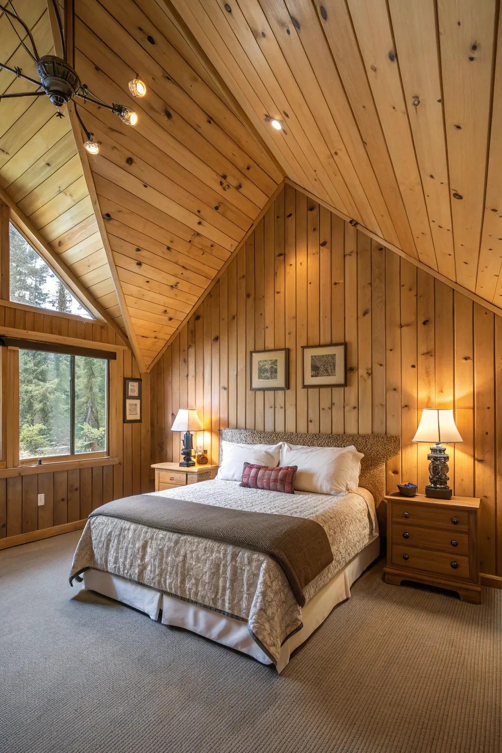 Vertical paneling adds texture and highlights the height of a vaulted ceiling.