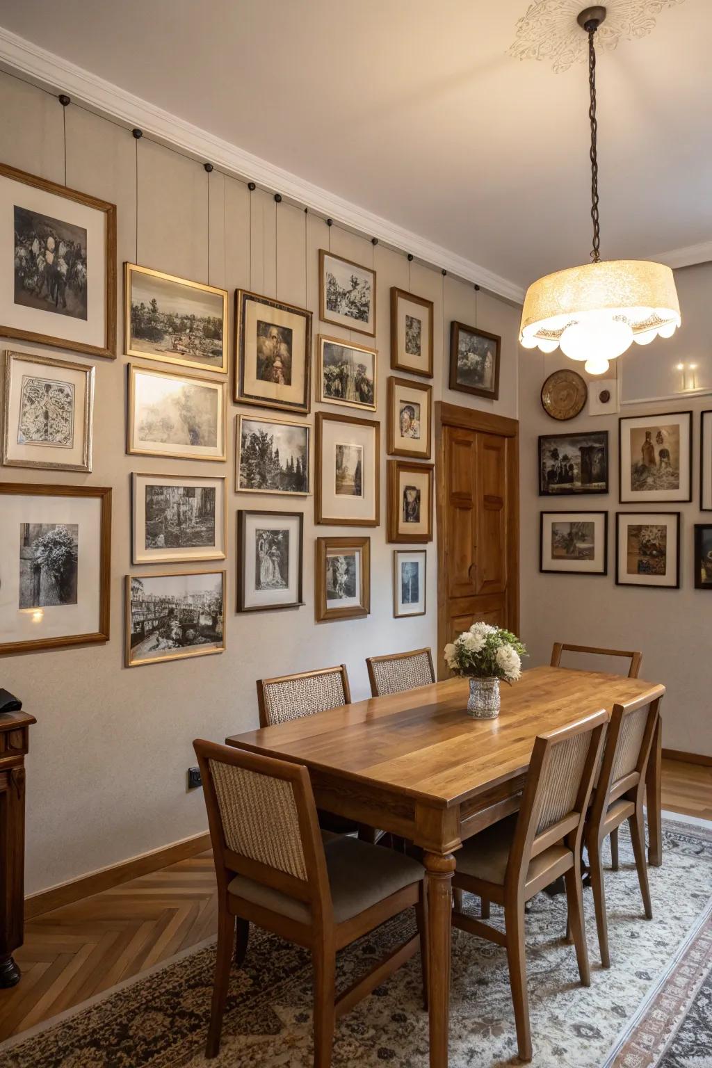 A gallery wall of vintage photos adds a personal touch to this dining space.