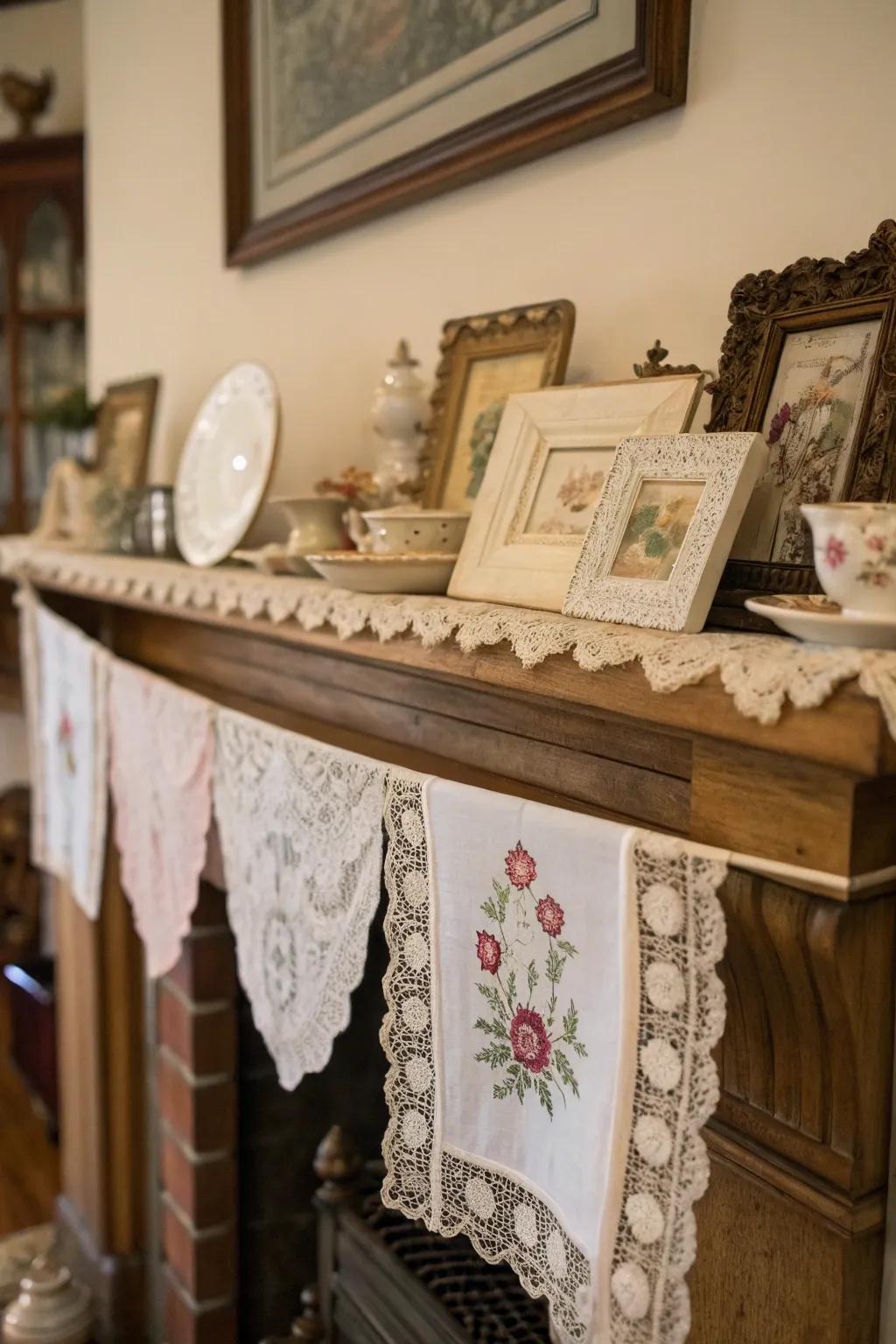 Vintage textiles add soft elegance to this beautifully styled mantel.