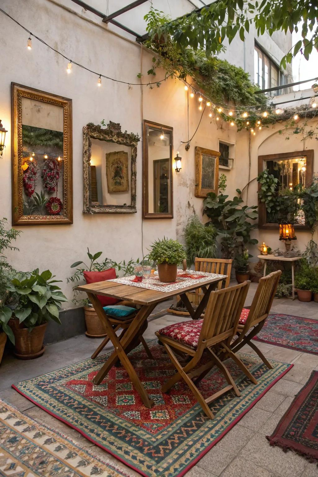 Indoor comforts like rugs and mirrors create an inviting vintage patio.