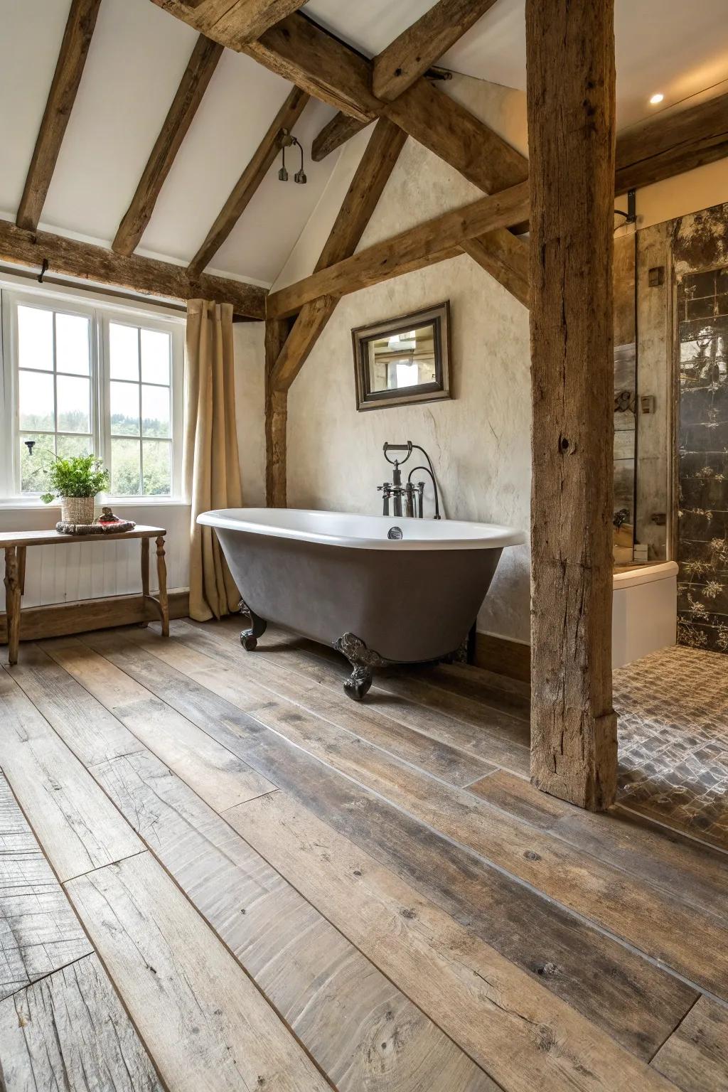 Weathered vinyl flooring adds rustic charm to this bathroom.