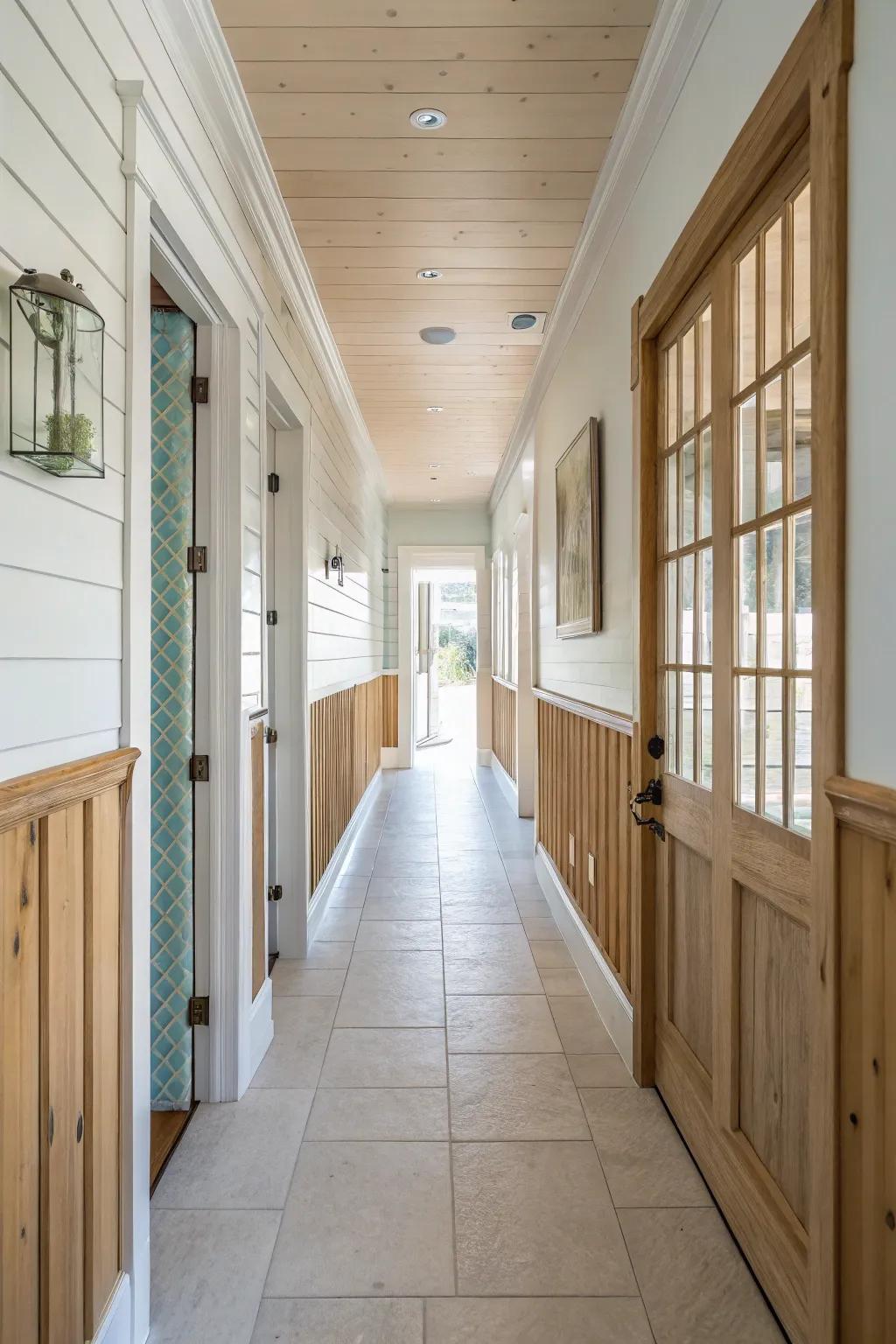 Coastal wainscoting evokes a serene and breezy environment.