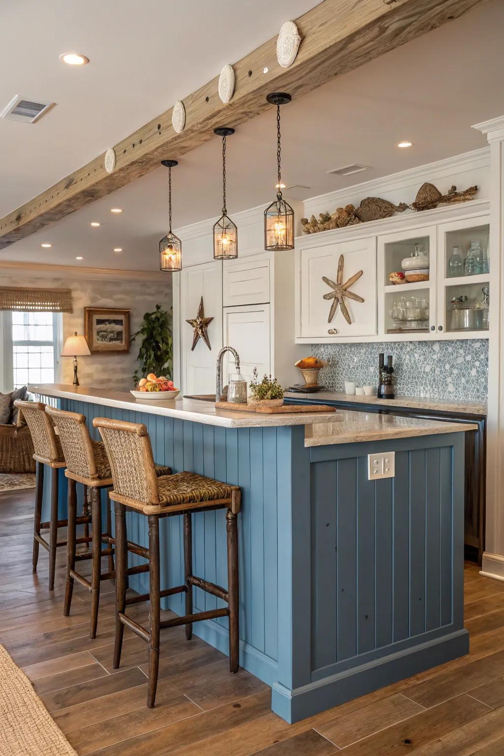 Coastal-themed wainscoting brings a seaside vibe to this kitchen island.