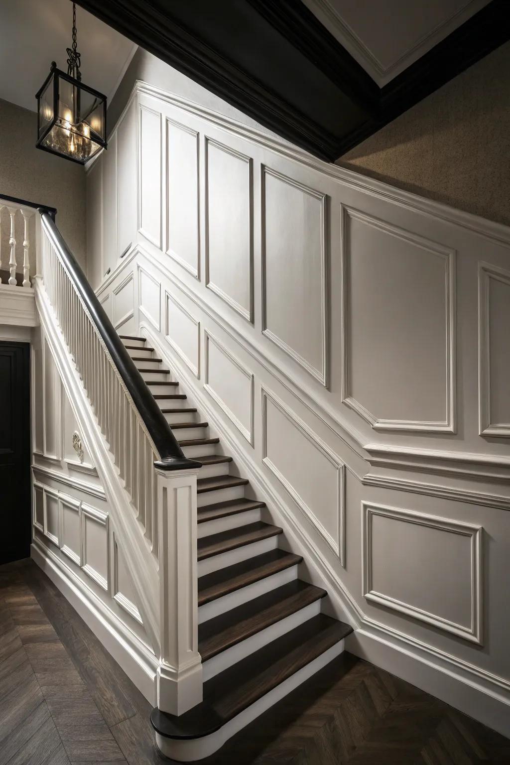 Monochrome wainscoting for a subtle and sophisticated look.