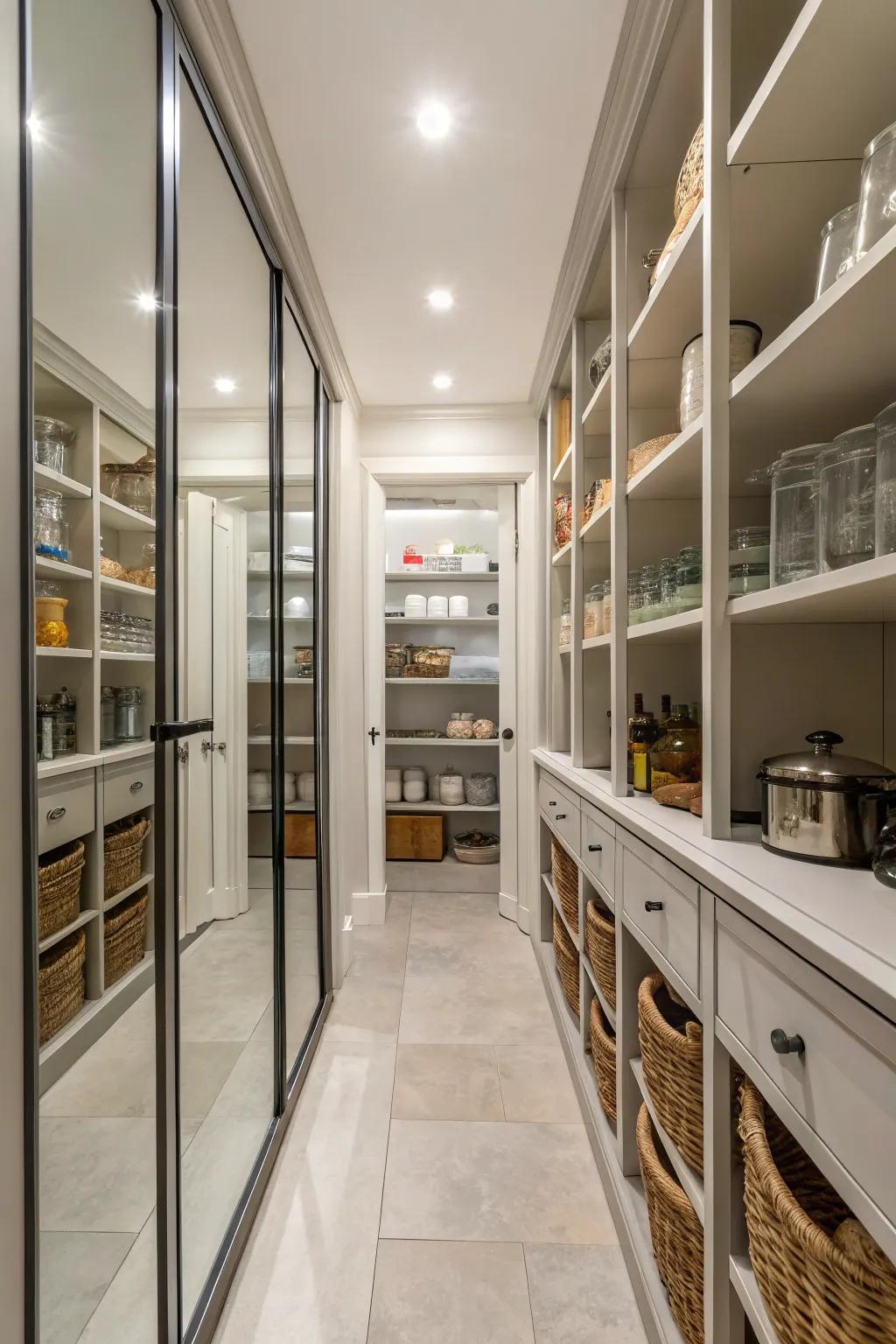 Mirrored doors in a walk-in pantry to conceal clutter stylishly.