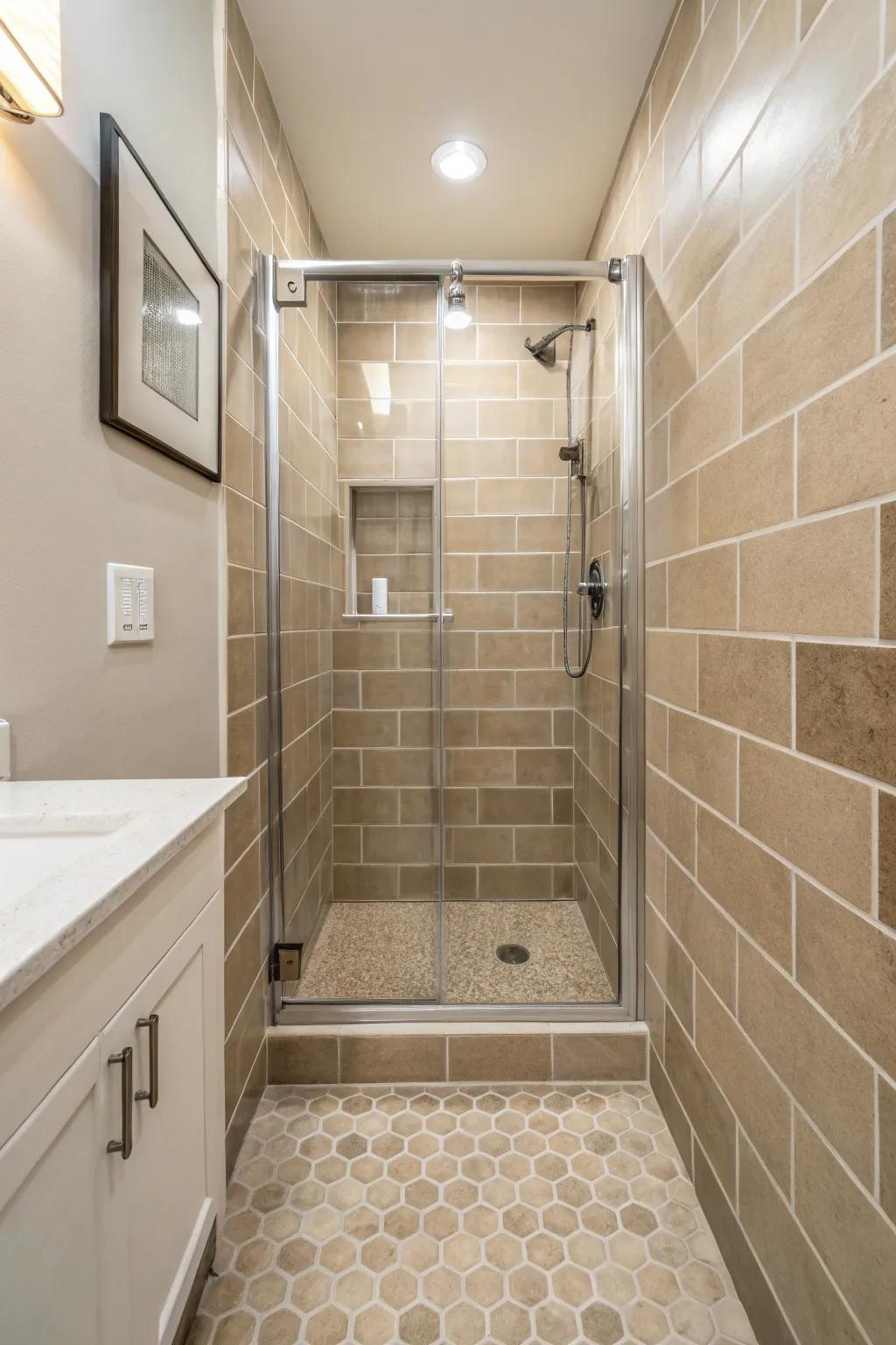 Matching tiles in narrow bathrooms create a seamless and spacious feel.