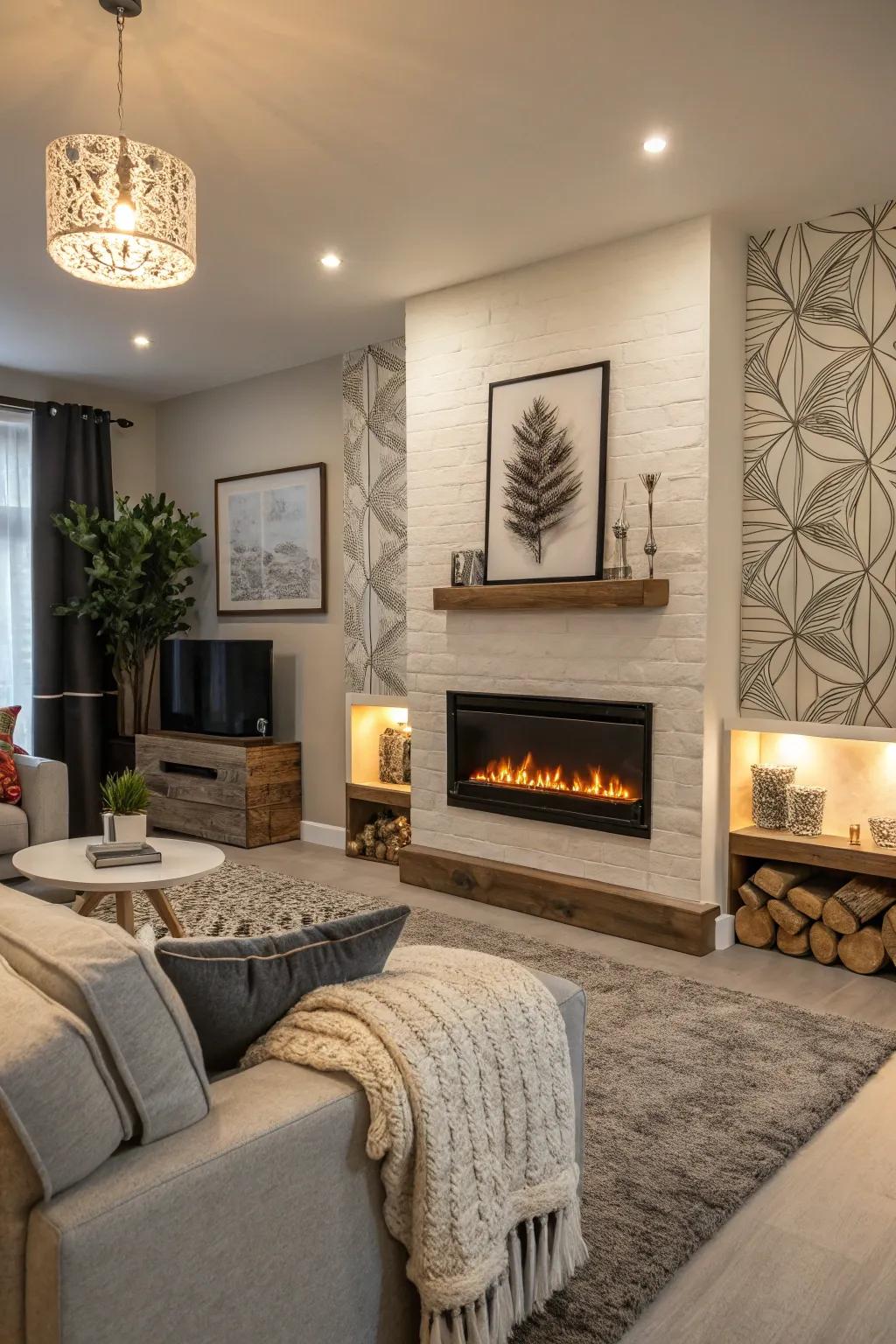 A striking fireplace feature housed in a wall bump out, adding warmth and charm.