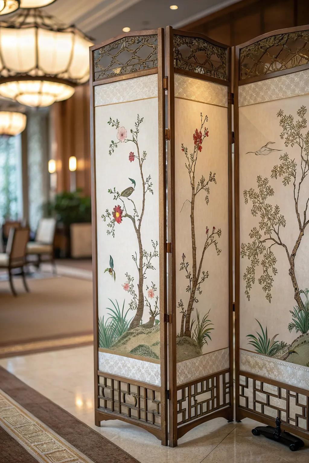 A stylish folding screen adding dimension to a corner.