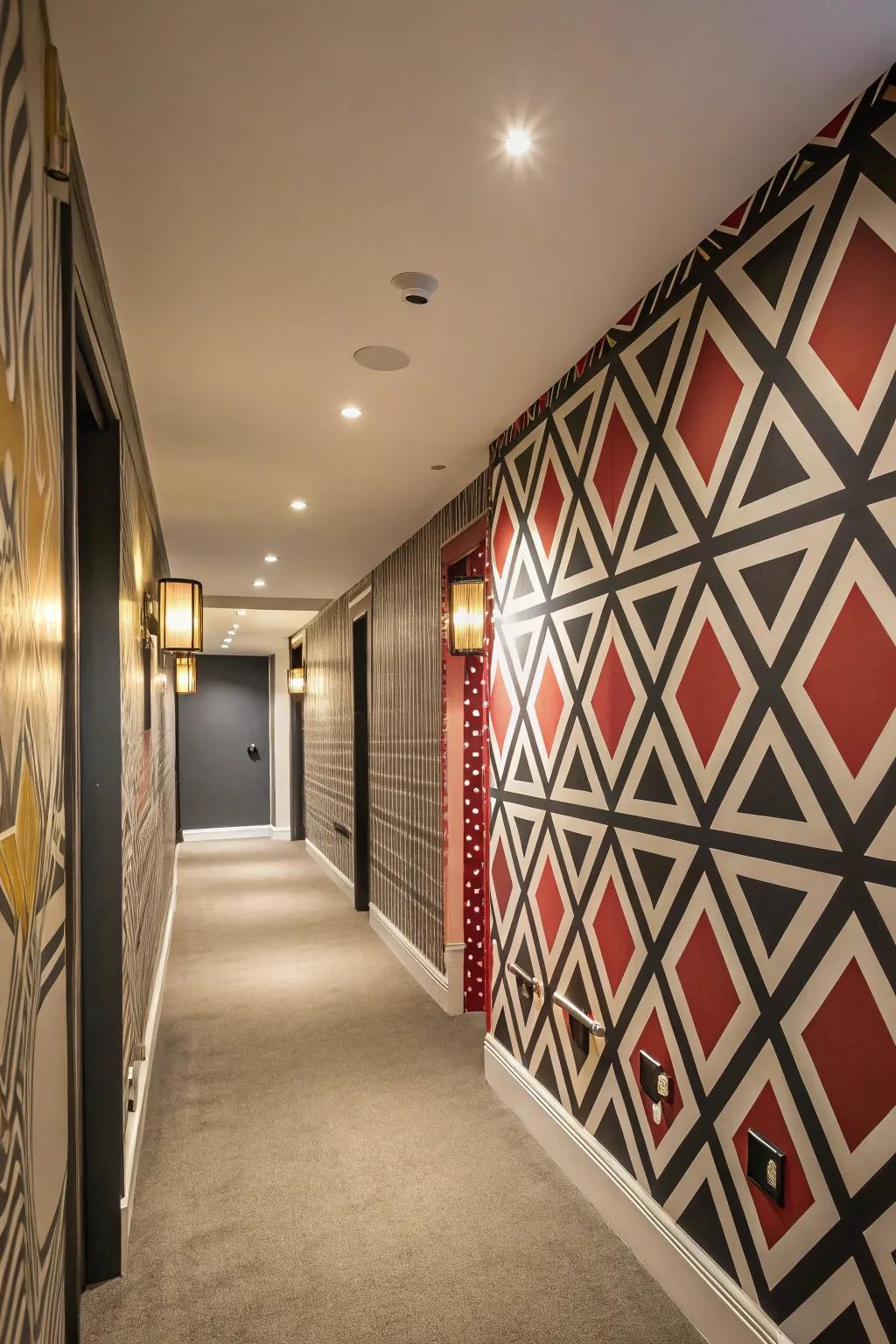 Bold geometric wallpaper transforms this hallway into a statement space.