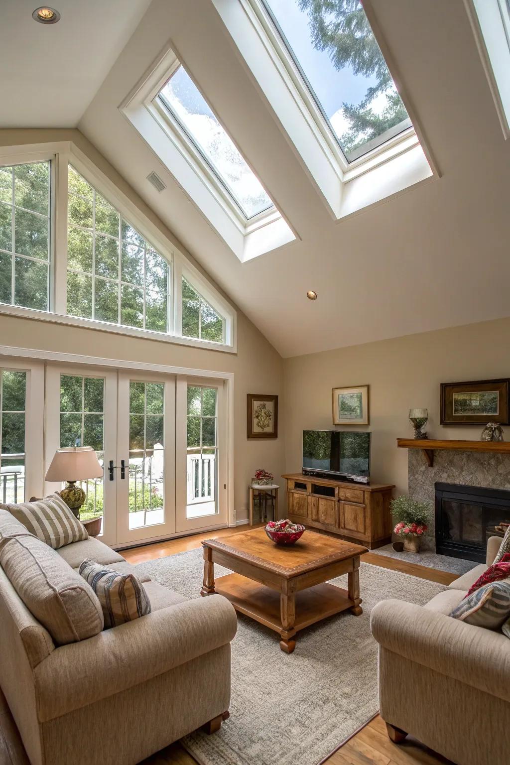 Skylights enhance the airy feel and brightness of vaulted ceilings.