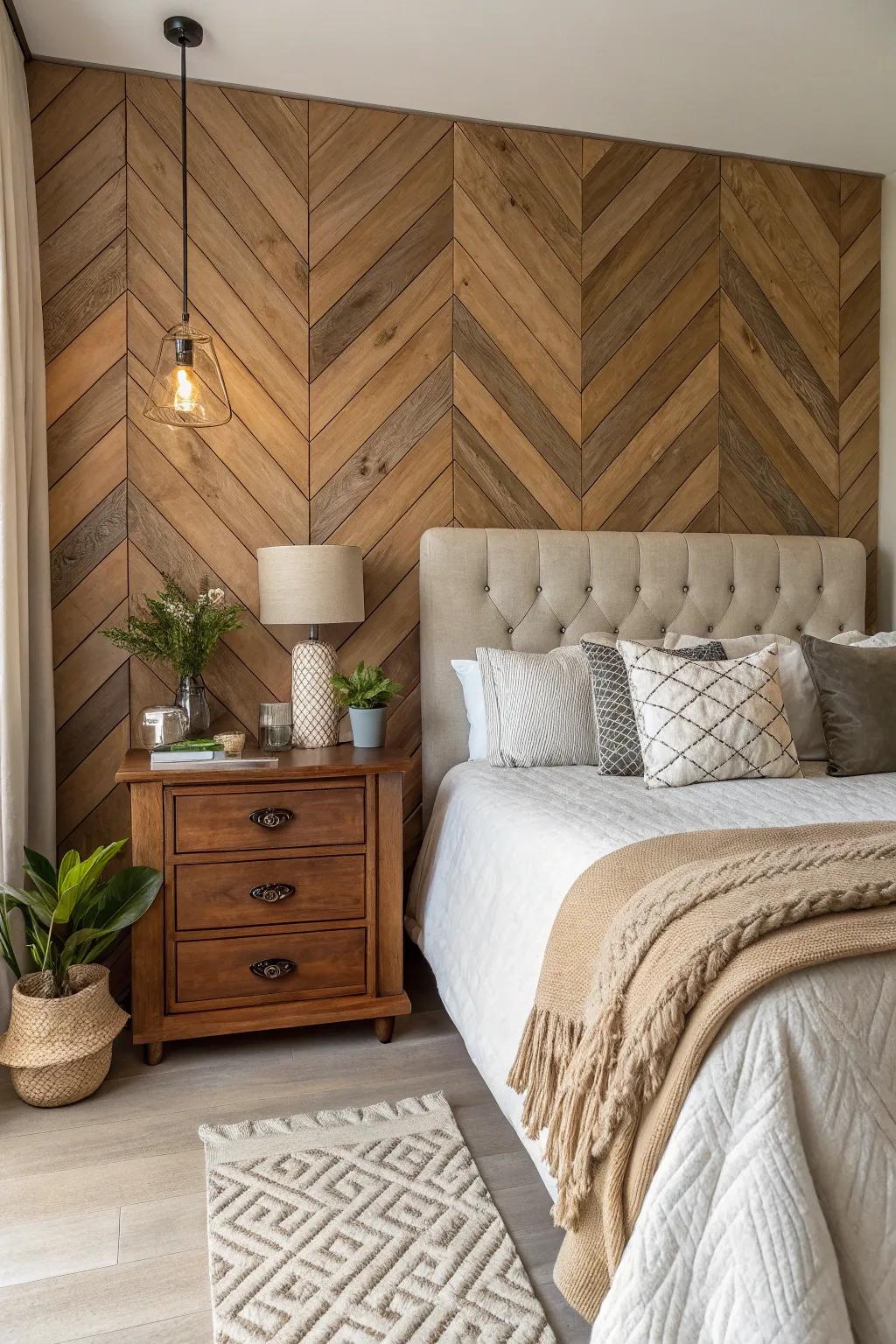 Bedroom with a sophisticated herringbone wood accent wall.