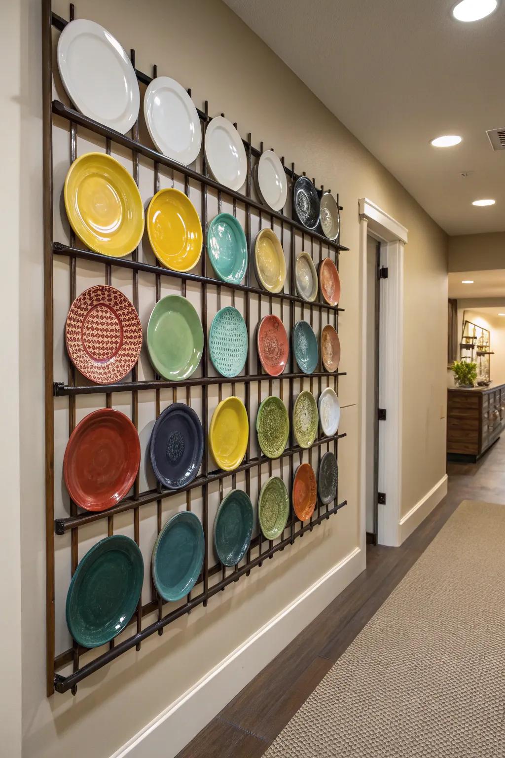 A symmetrical plate rack creating a sense of order and balance.