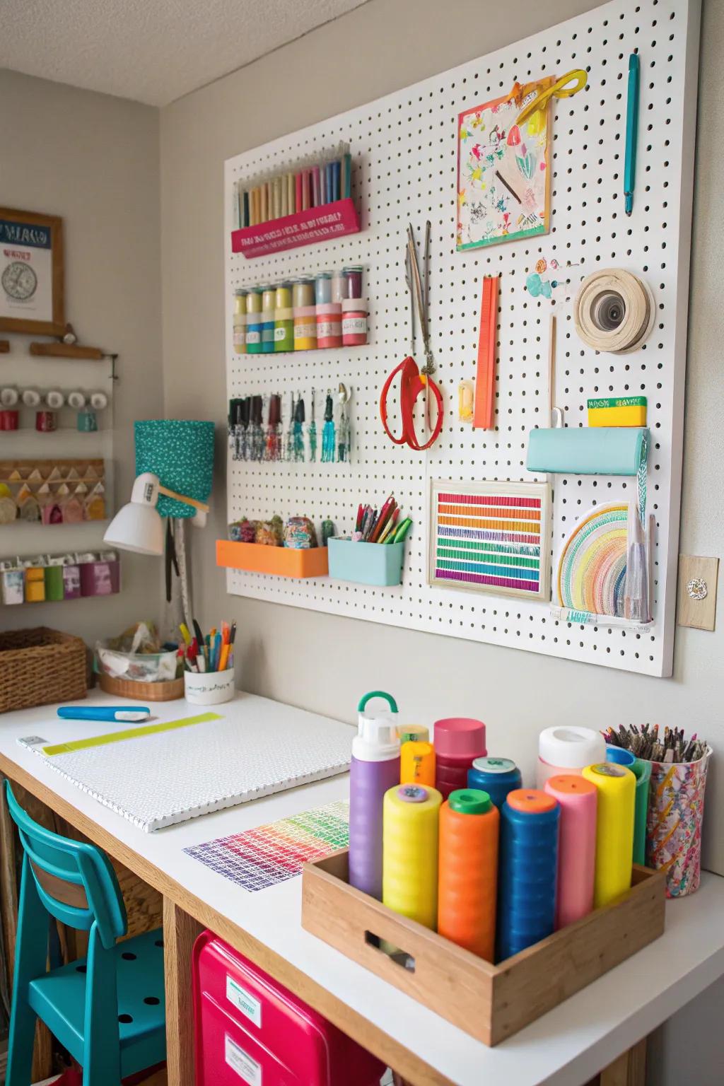 Pegboards provide customizable storage solutions.