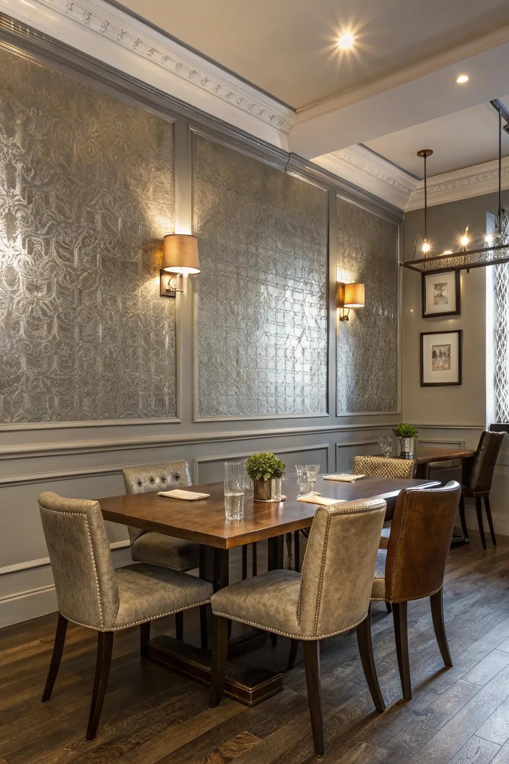 A glamorous dining area with metallic wallpaper.