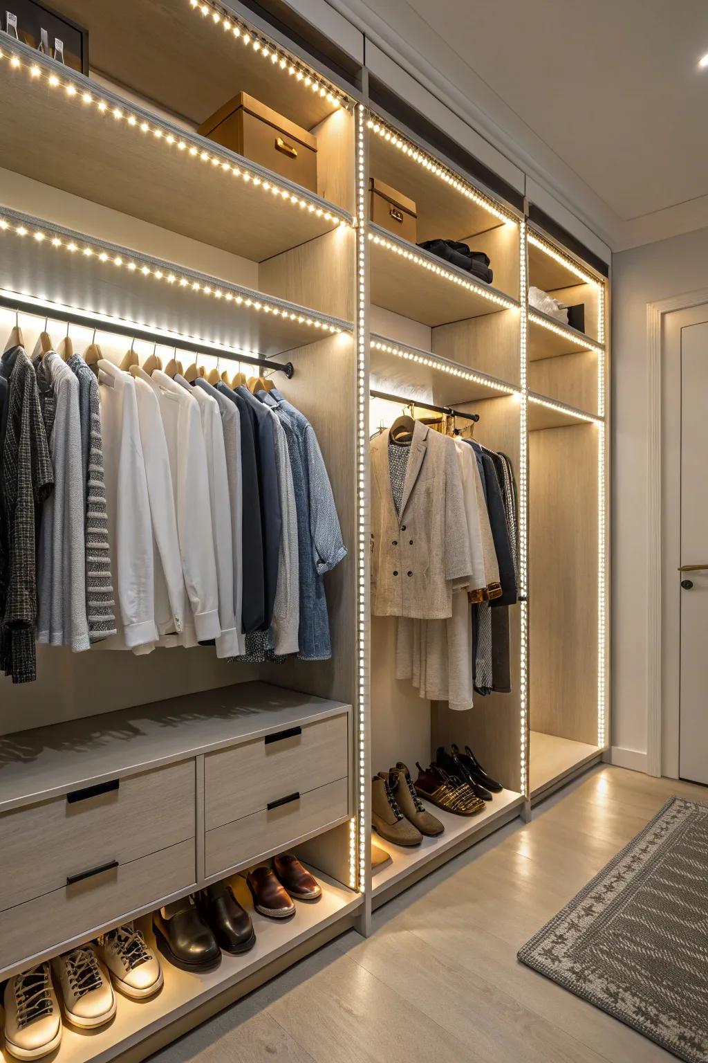 Layered lighting creates a well-lit and inviting wardrobe room.