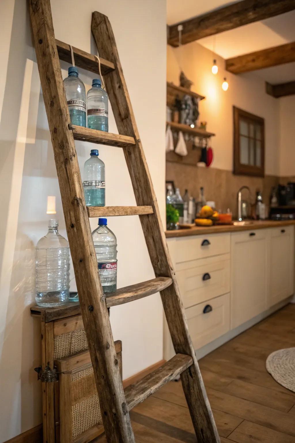 Rustic ladder creatively displaying water bottles