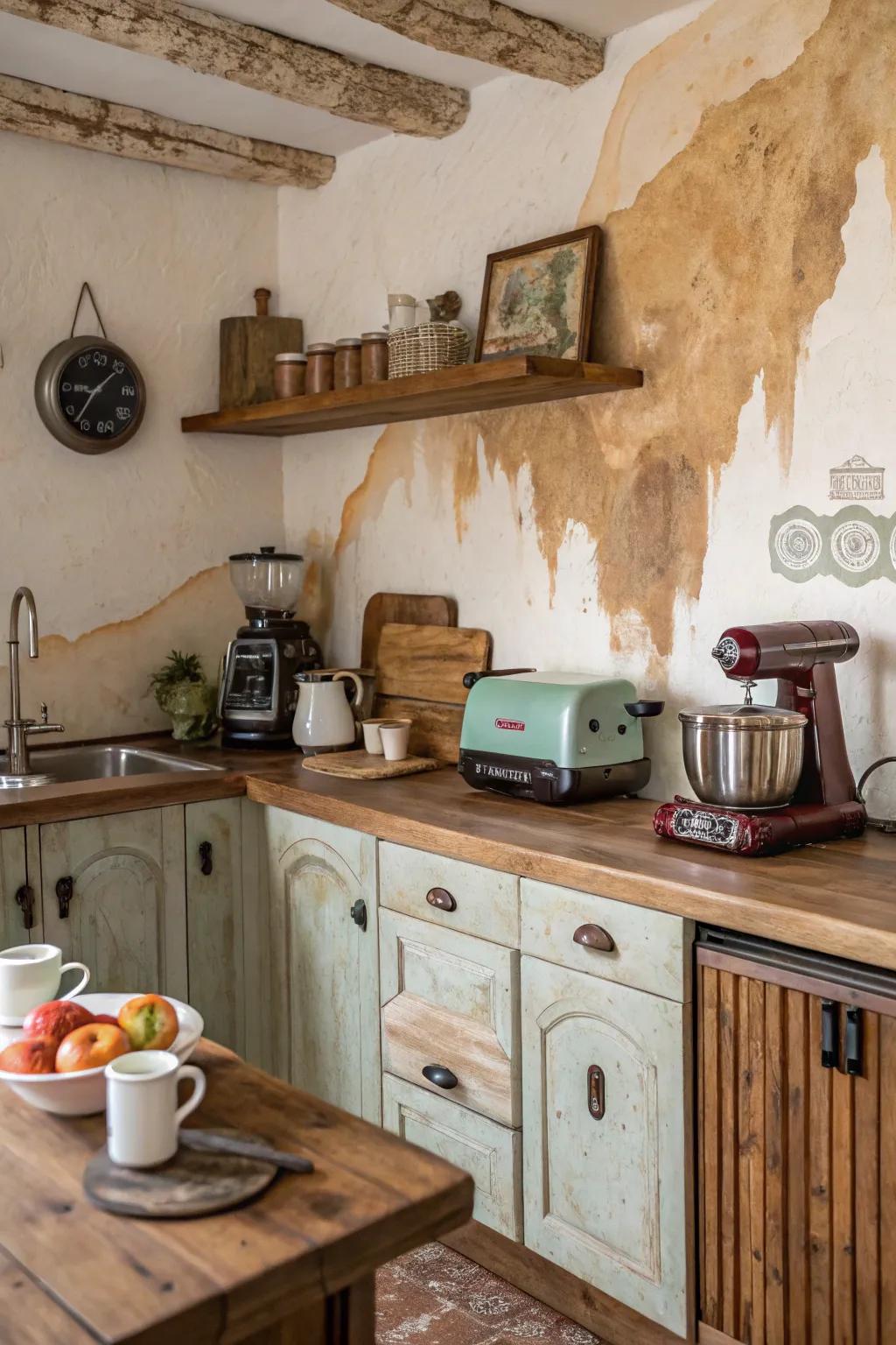 Cozy coffee wash watercolor background adds warmth to a rustic kitchen.