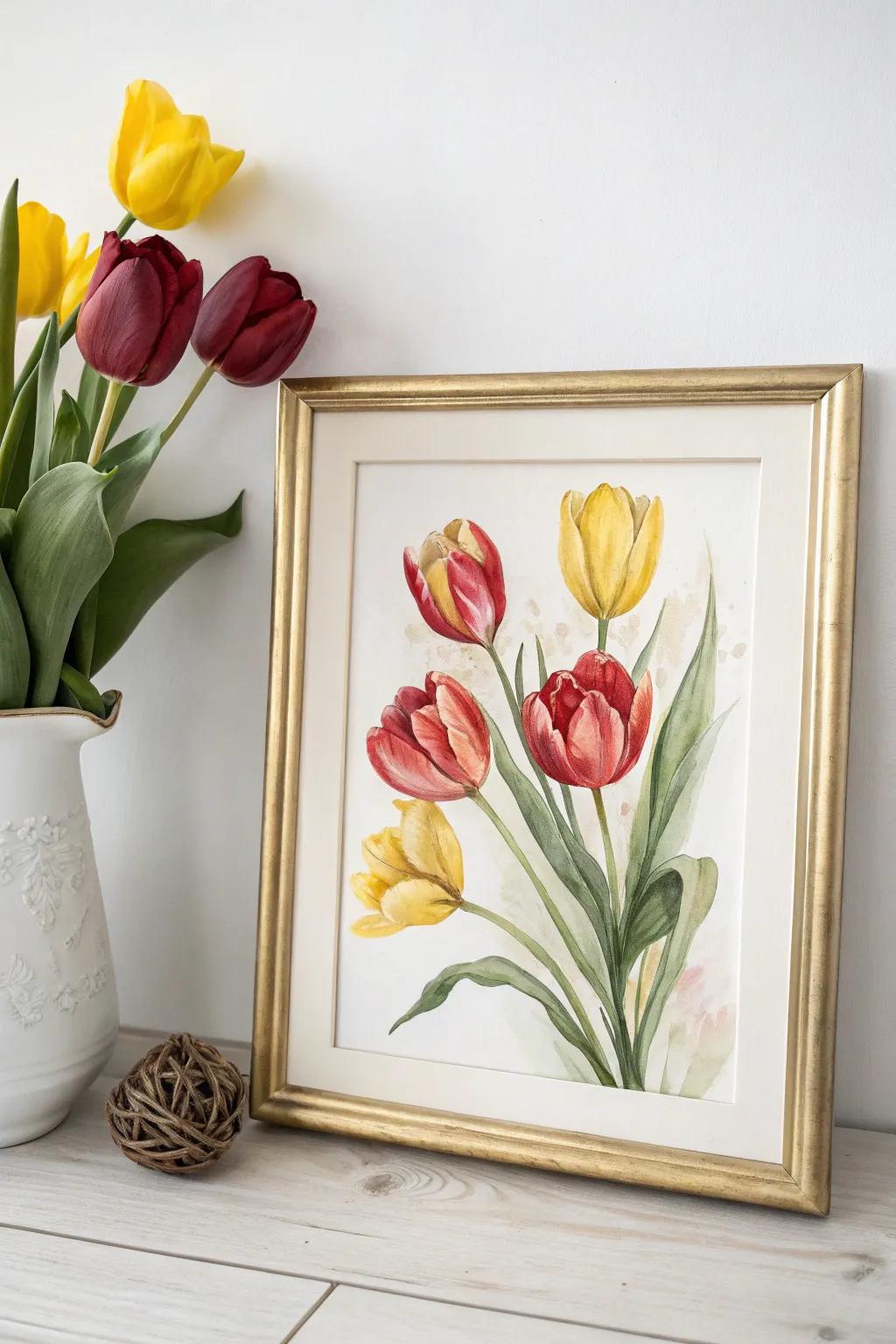 Embrace timeless elegance with this graceful painting of tulips.